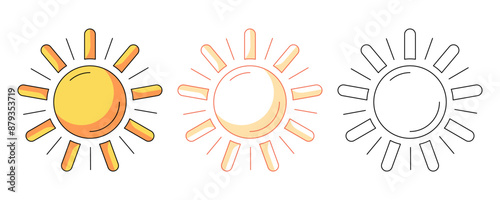 Sun with rays, colorful and line icons set. Summertime, seasonal holiday and vacation concept. Vector outline icon, monochrome and color illustration. For logo, sticker, coloring book, label