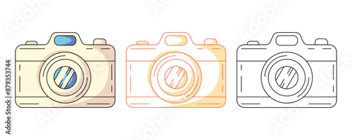 Digital photo camera, colorful and line icons set. Photography, equipment, capturing moments, hobby. Vector outline icon, monochrome and color illustration. For logo, sticker, coloring book, label