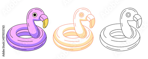 Summer beach inflatable swimming ring in flamingo shape, colorful and line icons set. Vector outline icon, monochrome and color illustration. For logo, sticker, coloring book, label