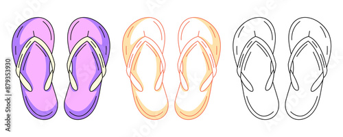 Summer beach flip flops, colorful and line icons set. Seasonal shoes, travel and vacation concept, vector outline icon, monochrome and color illustration. For logo, sticker, coloring book, label