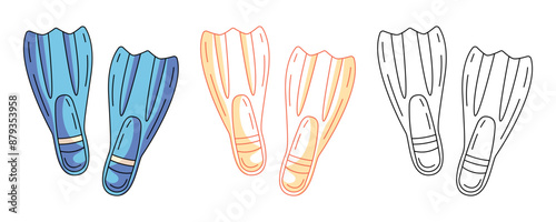 Flippers, colorful and line icons set. Scuba diving equipment, underwater, marine, sea concept. Vector outline icon, monochrome and color illustration. For logo, sticker, coloring book, label