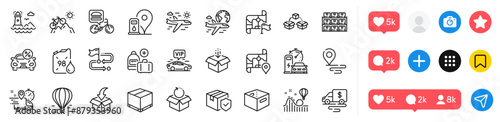 Petrol station, International flight and Charging station line icons pack. Social media icons. Car leasing, Vip transfer, Lighthouse web icon. Airplane travel, Get box, Add handbag pictogram. Vector