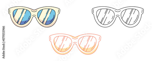 Sunglasses, colorful and line icons set. Sun protection, travel and vacation concept, vector outline icon, monochrome and color illustration. For logo, sticker, coloring book, label