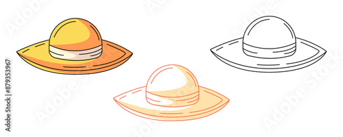Sunhat, colorful and line icons set. Sun protection, travel and vacation concept, vector outline icon, monochrome and color illustration. For logo, sticker, coloring book, label
