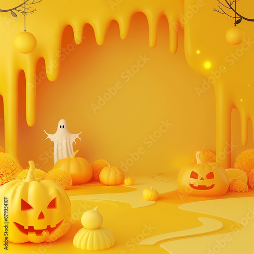 Jack O'Lantern pumpkins and cute Halloween decorations in yellow color tone with copy space for text. Volume 18. Square aspect ratio.