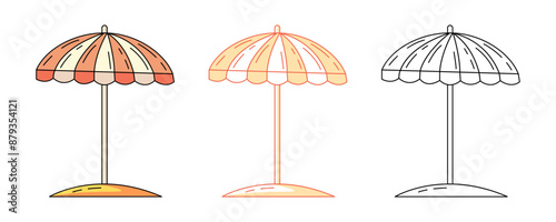 Summer beach umbrella, colorful and line icons set. Sun protection, vacation and travel concept, vector flat outline icon, monochrome and color illustration. For logo, sticker, coloring book, label