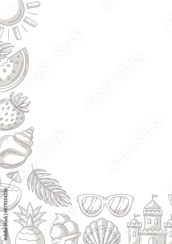 Summer minimalist vertical a4 poster, monochrome gray beach elements, accessories icons. Corner border frame, space for text, isolated on white. For card, banner, invitation, social media, planner