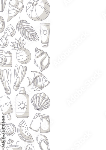 Summer minimalist vertical a4 poster, monochrome gray beach elements, accessories icons. Left side border frame, copy space, isolated on white. For card, banner, invitation, social media, planner