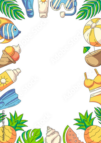 Summer colorful vertical a4 poster, beach elements, accessories icons. Border frame, space for text, isolated on white. For card, banner, invitation, social media, planner, notebook or sheet of paper