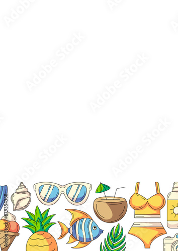 Summer vertical a4 poster, colorful beach elements, accessories icons. Bottom border frame, copy space, isolated on white. For card, banner, invitation, social media, planner, party or event