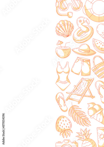 Summer minimalist vertical a4 poster, monochrome orange beach elements, accessories icons. Right side border frame, copy space, isolated on white. For card, banner, invitation, social media, planner