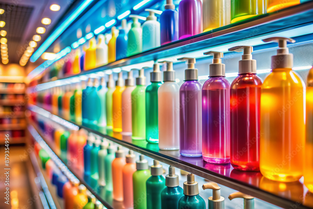 A colorful array of shampoo bottles on a store shelf, with one bottle grasped in a hand, surrounded by reflections and soft shop lighting. A colorful array of shampoo bottles on a store shelf, with one bottle grasped in a hand, surrounded by reflections and soft shop lighting.