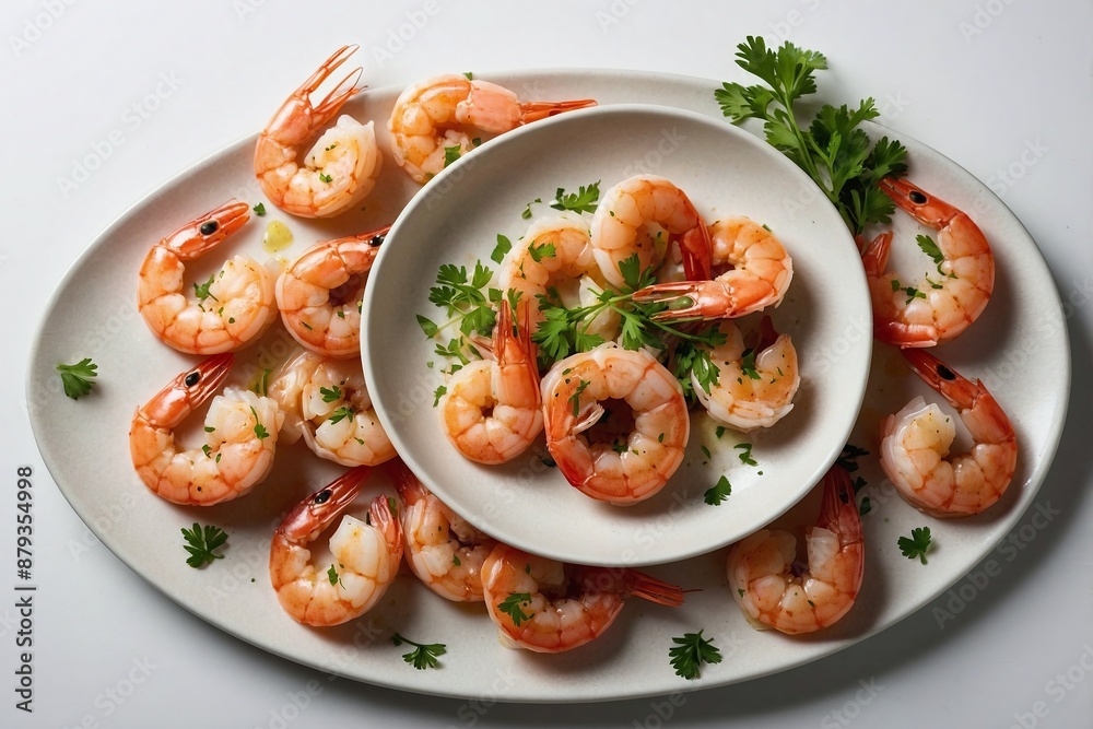 an overhead shot of a plate with garlic butter shrimp, arranged attractively with a few sprigs of parsley an overhead shot of a plate with garlic butter shrimp, arranged attractively with a few sprigs of parsley
