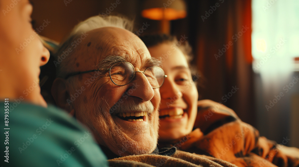 Terminally ill patient laughing with a family member, vibrant smiles and lighthearted atmosphere, bottom third copy space Terminally ill patient laughing with a family member, vibrant smiles and lighthearted atmosphere, bottom third copy space