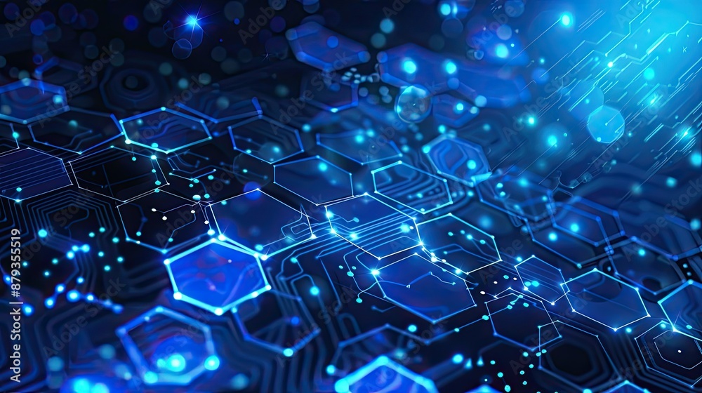 Vector illustrations of Bright glowing blue hexagonal and circuit network pattern digital hi tech background Vector illustrations of Bright glowing blue hexagonal and circuit network pattern digital hi tech background