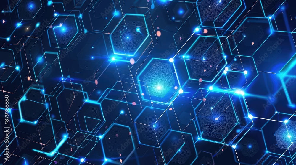 Vector illustrations of Bright glowing blue hexagonal and circuit network pattern digital hi tech background Vector illustrations of Bright glowing blue hexagonal and circuit network pattern digital hi tech background