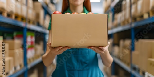 Woman volunteer holding food donations box at charity food bank. Concept Charity Drive, Volunteer Work, Food Donations, Community Support, Giving Back