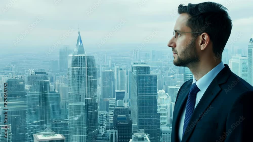 Business ambition, Businessman looking out at the city from a skyscraper Business ambition, Businessman looking out at the city from a skyscraper