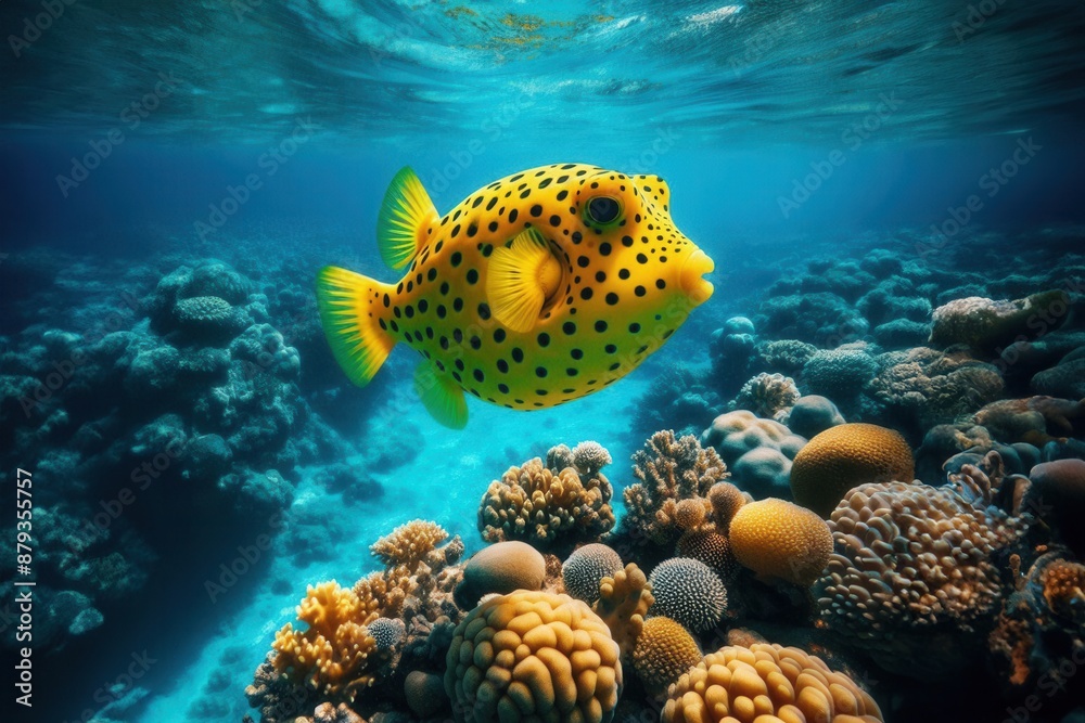 Amidst the crystal-clear tropical waters of the ocean, a vibrant yellow ...