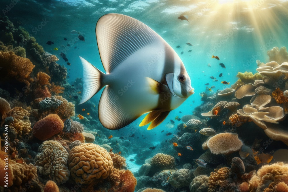 Naklejka premium A graceful batfish (Platax orbicularis) swimming effortlessly through the clear, tropical waters of the ocean