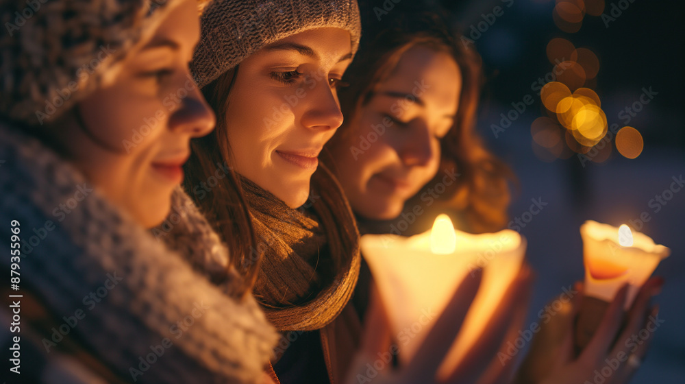 Friends and family holding a candlelight vigil, warm glow and serene faces, right third copy space Friends and family holding a candlelight vigil, warm glow and serene faces, right third copy space