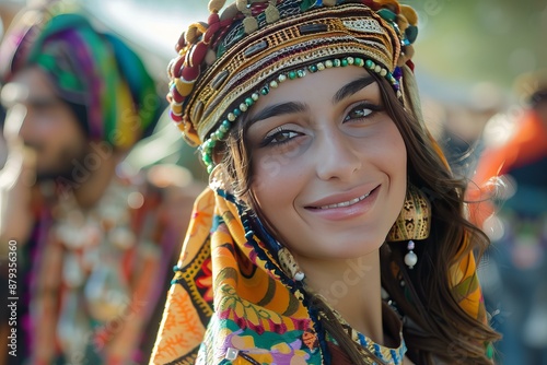 Beautiful young woman with brown hair and brown eyes smiling and wearing a kitsch traditional costume