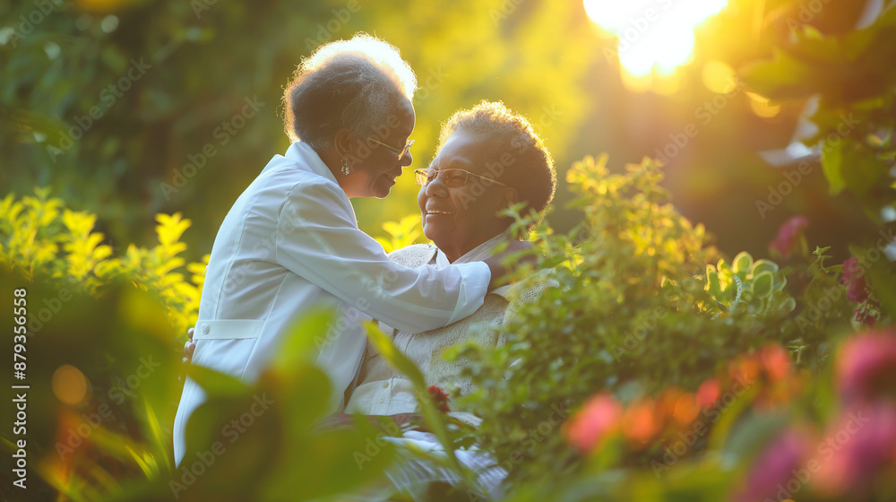 Fototapeta premium Patient and loved one in a healing garden, surrounded by nature and tranquility, bottom third copy space