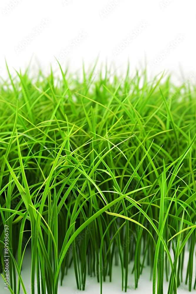 Fototapeta premium Close-up of vibrant, lush, green grass blades growing densely, with a bright, white background highlighting their freshness and vitality.