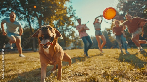 A humorous image of a group of friends playing frisbee in a park one person accidentally flinging the frisbee into a dogs open mouth photo