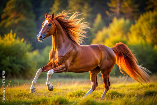 Majestic Marwari horse with elegant curved ears and gleaming coat runs freely in open fields, its powerful muscles rippling beneath its shimmering fur.