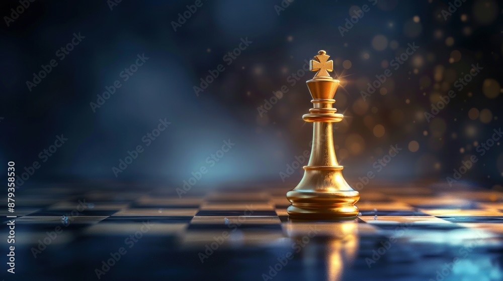 Illuminated Golden King Chess Piece Commanding the Board Under Sparkling Lights - Strategic Depth - Generative AI Illuminated Golden King Chess Piece Commanding the Board Under Sparkling Lights - Strategic Depth - Generative AI
