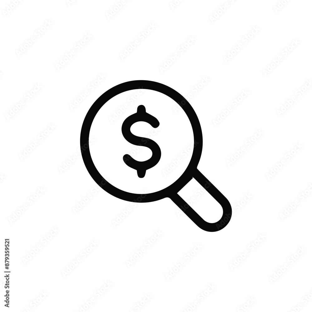Simple black and white magnifying glass searching for money Simple black and white magnifying glass searching for money