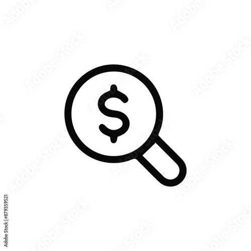 Simple black and white magnifying glass searching for money