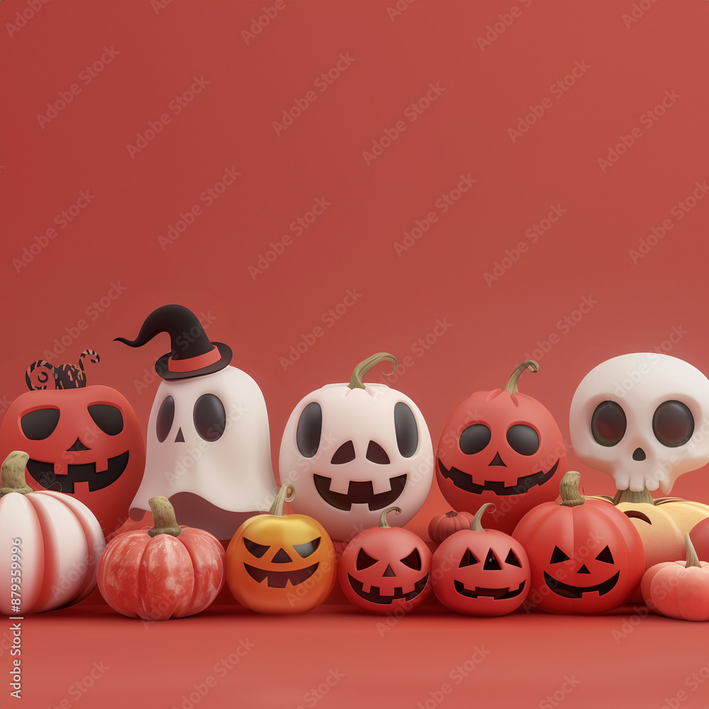 Obraz premium Jack O'Lantern pumpkins and cute Halloween decorations in red color tone with copy space for text. Volume 6. Square aspect ratio.