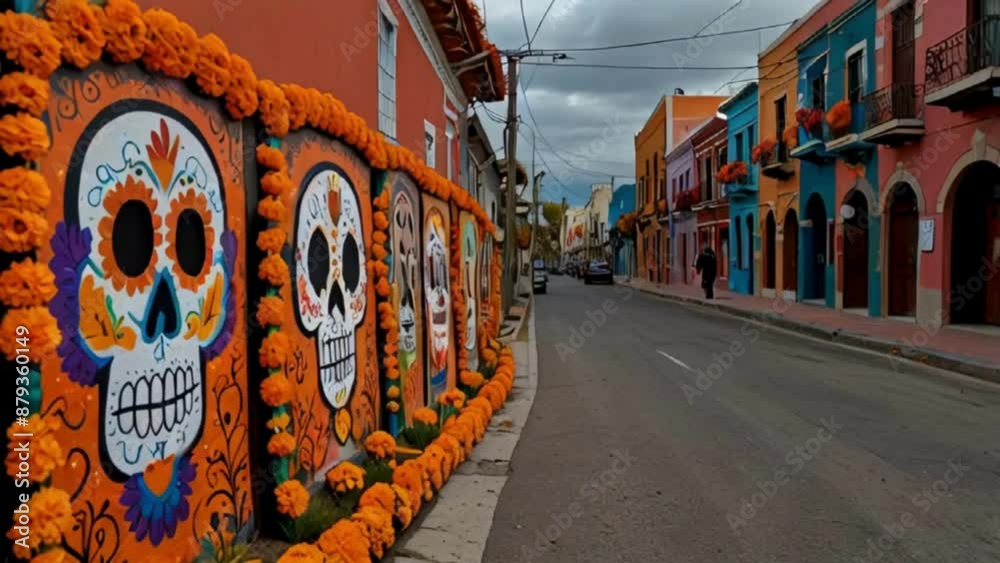 Street Decorated with Skulls and Flowers for Day of the Dead