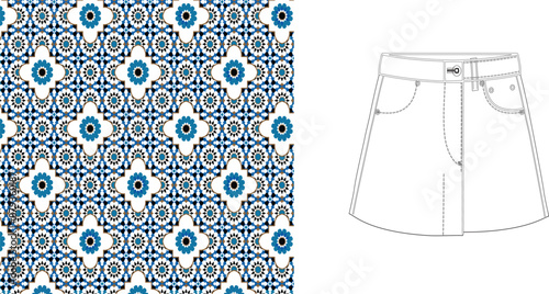 Illustration showing a patterned fabric and a skirt design with pockets and a waistband detail