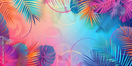 Abstract background with palm leaves and geometric shapes with circles and lines, bright colors.