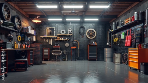 Home suburban car garage interior filled with various tools and equipment, workbench