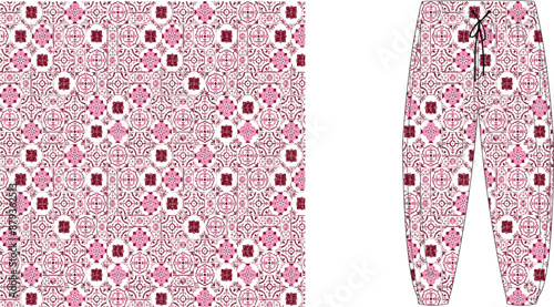 A patterned fabric swatch next to patterned pants with a drawstring on a white background showing detail
