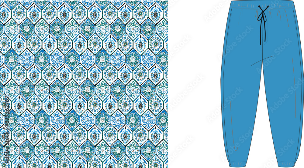 A blue patterned textile and a pair of blue pants with a drawstring on a white background space view