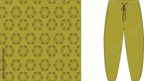 Olive green pattern and sweatpants with drawstring waist on a white background for fashion design