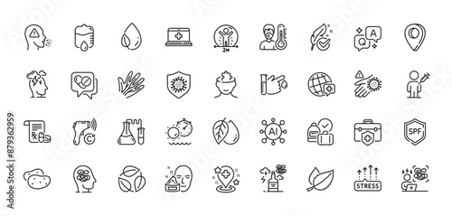 World medicine, Medical drugs and Medical insurance line icons pack. AI, Question and Answer, Map pin icons. Mint leaves, Alcohol addiction, Blood donation web icon. Vector