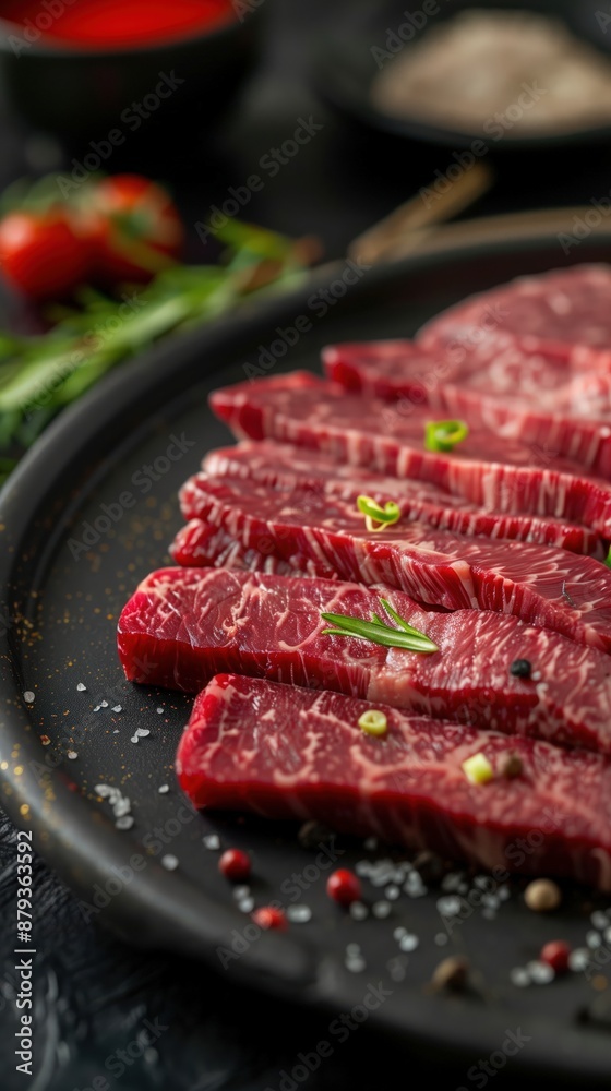 Fresh marbled wagyu beef slices on dark slate backdrop. traditional Asian BBQ. raw steak high-quality