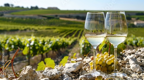 Two glasses of white wine sit among rocks and grapevines in a picturesque vineyard landscape.