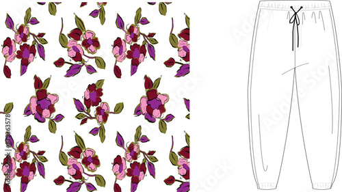 Patterned fabric with floral design and a sketch of pants with drawstring on a white background side by side