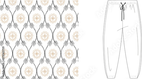 Illustration showing a patterned fabric swatch and a sketch of drawstring pants on a white background