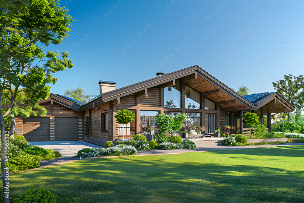 Cozy house with two floors and a large terrace in a modern style with natural materials ,Exterior image of a new modern house with large window Cozy house with two floors and a large terrace in a modern style with natural materials ,Exterior image of a new modern house with large window