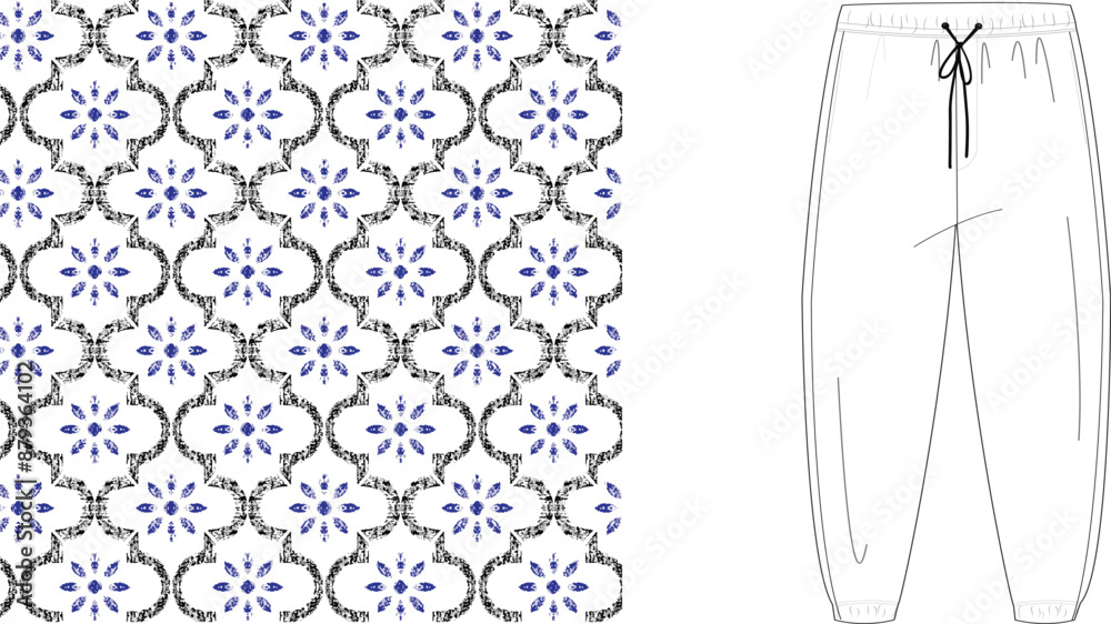 Illustration of white pants with drawstring next to a blue and white floral pattern background