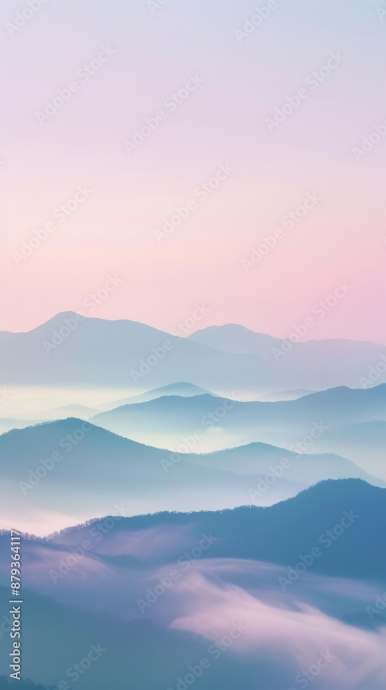 Serene landscape with pastel colors, blue mountains blending into pink and purple fog at sunset, clouds in the sky, warm light on the valley below. Perfect for a scenic wilderness view Serene landscape with pastel colors, blue mountains blending into pink and purple fog at sunset, clouds in the sky, warm light on the valley below. Perfect for a scenic wilderness view