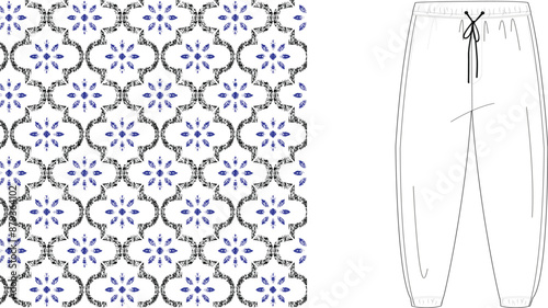 Illustration of white pants with drawstring next to a blue and white floral pattern background